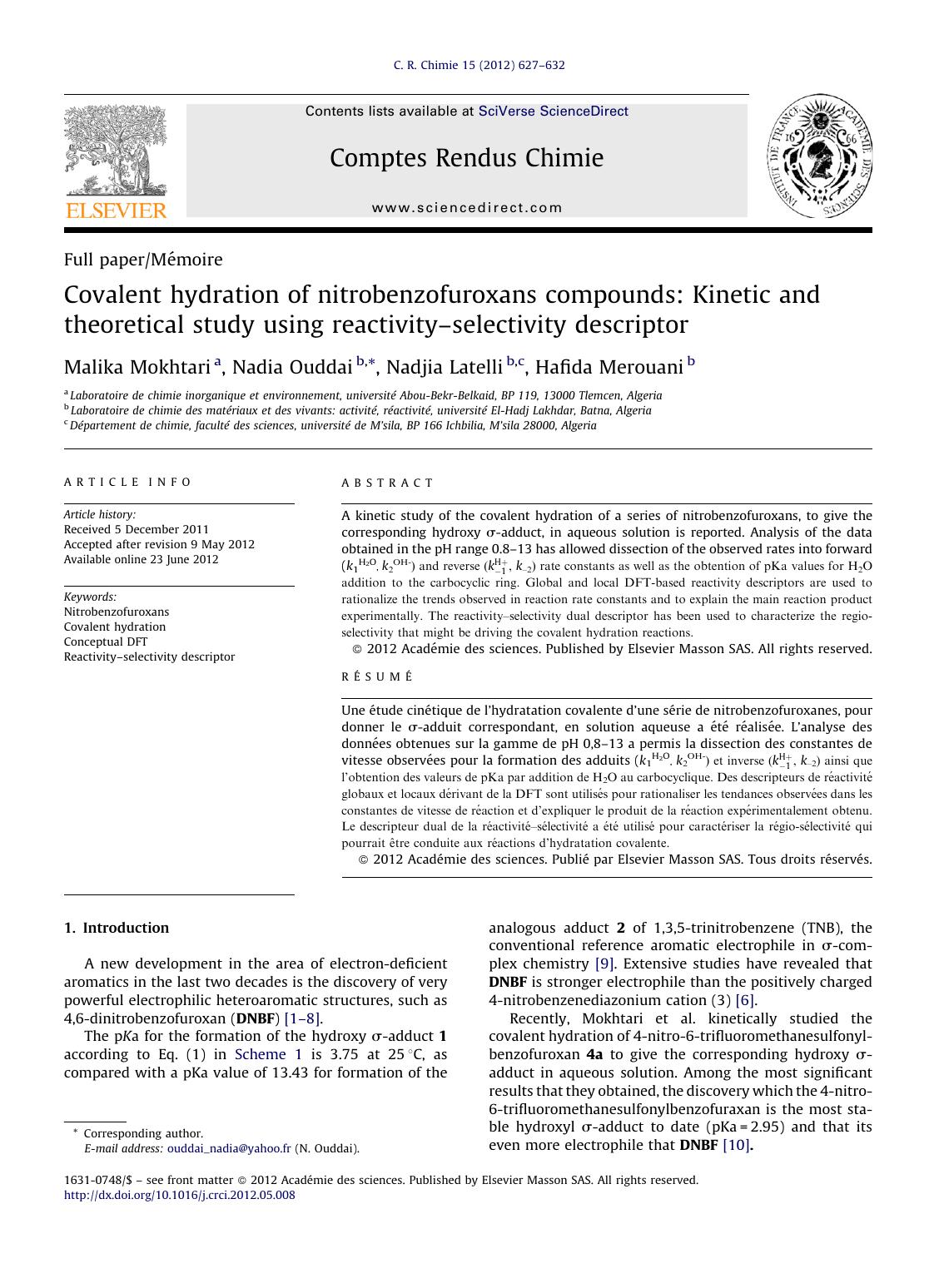 Covalent hydration of nitrobenzofuroxans compounds: Kinetic and theoretical study using reactivityâselectivity descriptor by Malika Mokhtari & Nadia Ouddai & Nadjia Latelli & Hafida Merouani