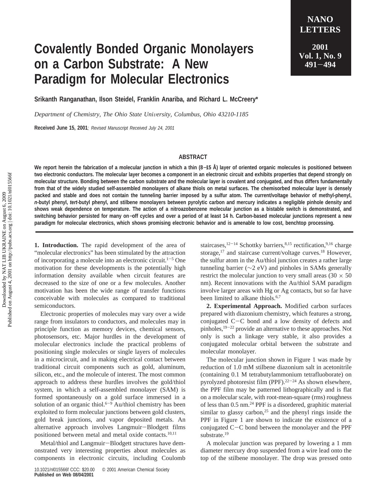 Covalently Bonded Organic Monolayers on a Carbon Substrate: A New Paradigm for Molecular Electronics by Srikanth Ranganathan Ilson Steidel Franklin Anariba & Richard L. McCreery*