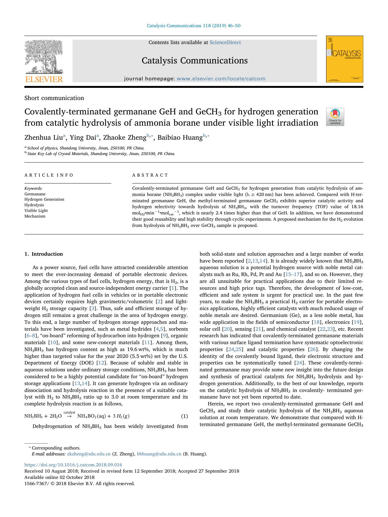 Covalently-terminated germanane GeH and GeCH3 for hydrogen generation from catalytic hydrolysis of ammonia borane under visible light irradiation by Zhenhua Liu & Ying Dai & Zhaoke Zheng & Baibiao Huang
