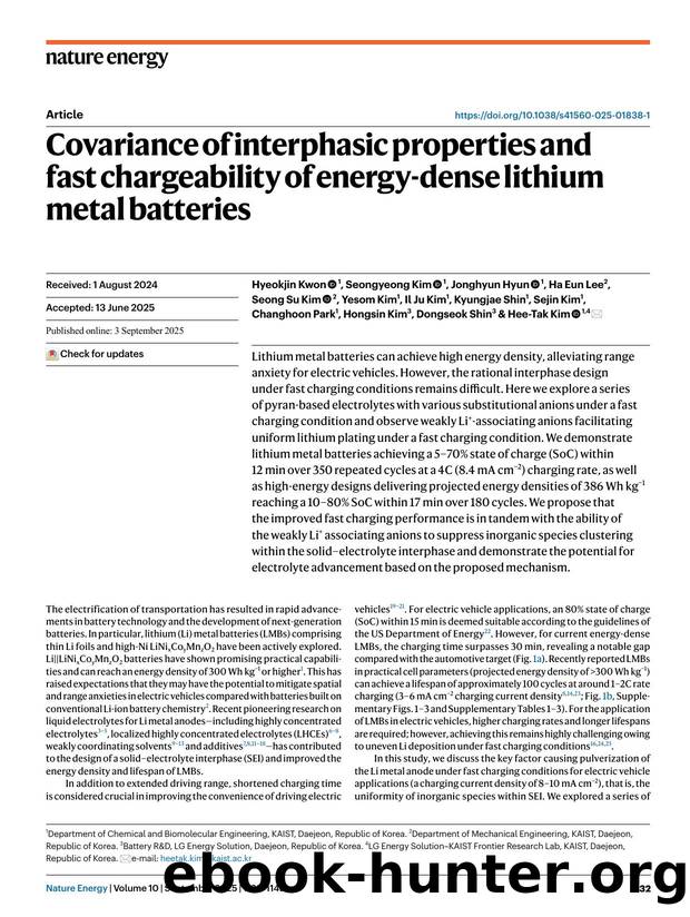 Covariance of interphasic properties and fast chargeability of energy-dense lithium metal batteries by unknow