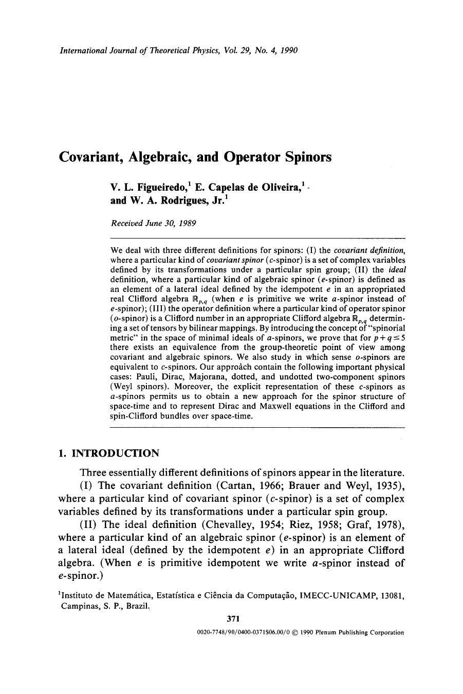 Covariant, algebraic, and operator spinors by Unknown