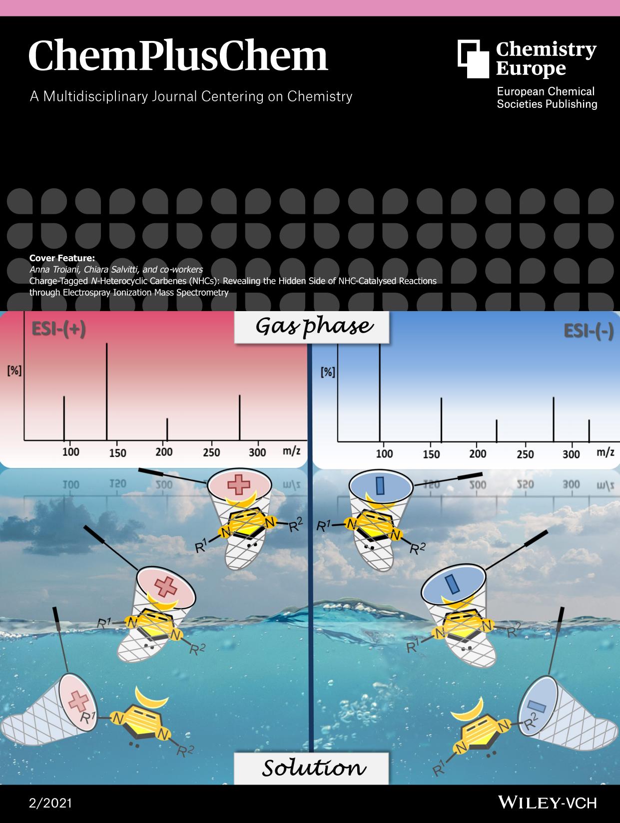 Cover Feature: ChargeâTagged NâHeterocyclic Carbenes (NHCs): Revealing the Hidden Side of NHCâCatalysed Reactions through Electrospray Ionization Mass Spectrometry (ChemPlusChem 22021) by Unknown