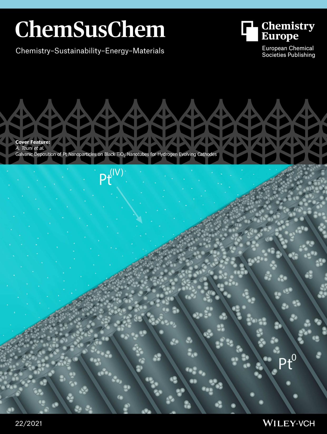 Cover Feature: Galvanic Deposition of Pt Nanoparticles on Black TiO2 Nanotubes for Hydrogen Evolving Cathodes (ChemSusChem 222021) by Unknown