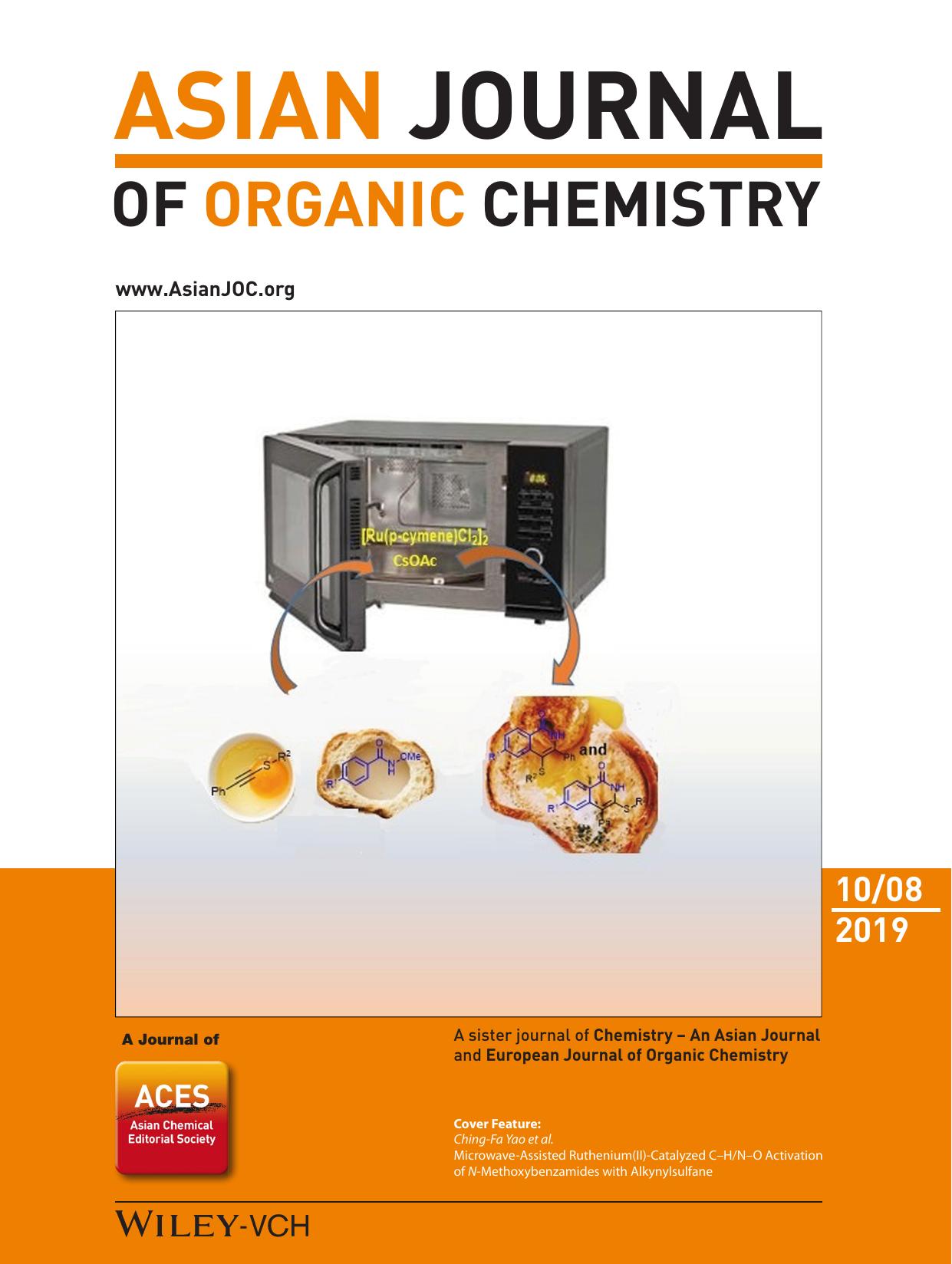 Cover Feature: MicrowaveâAssisted Ruthenium(II)âCatalyzed CâHNâO Activation of NâMethoxybenzamides with Alkynylsulfane (Asian J. Org. Chem. 102019) by Unknown