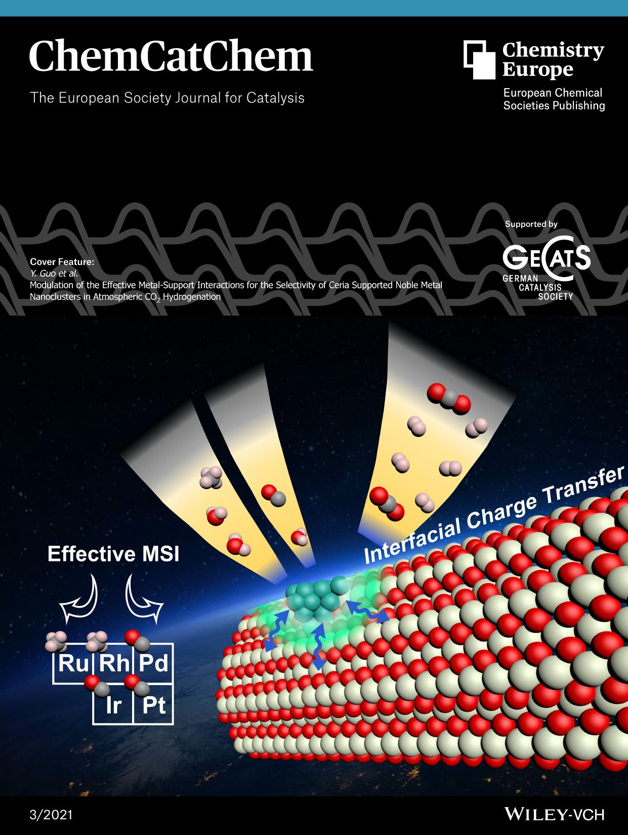 Cover Feature: Modulation of the Effective MetalâSupport Interactions for the Selectivity of Ceria Supported Noble Metal Nanoclusters in Atmospheric CO2 Hydrogenation (ChemCatChem 32021) by Unknown