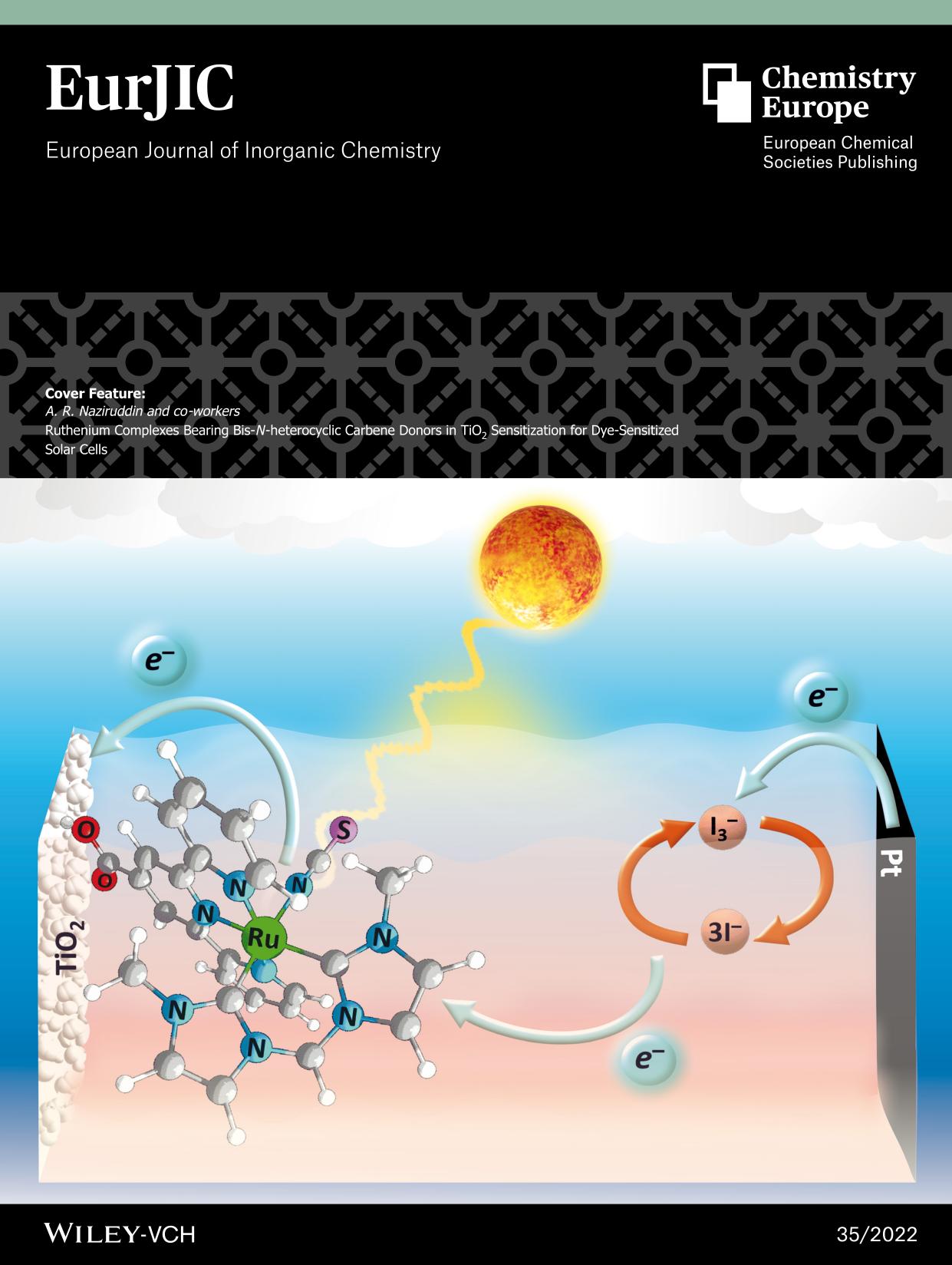 Cover Feature: Ruthenium Complexes Bearing BisâNâheterocyclic Carbene Donors in TiO2 Sensitization for DyeâSensitized Solar Cells (Eur. J. Inorg. Chem. 352022) by Unknown