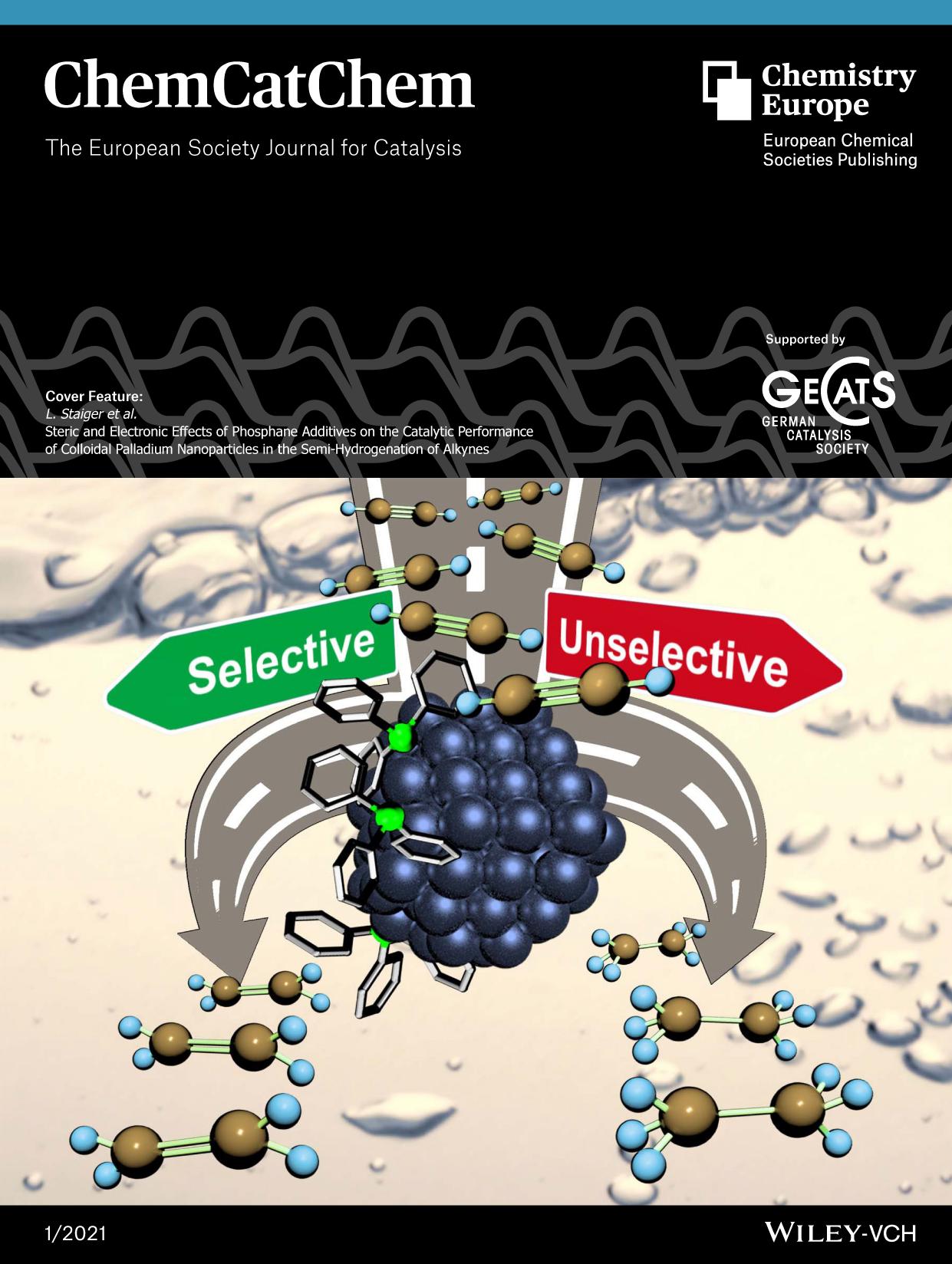 Cover Feature: Steric and Electronic Effects of Phosphane Additives on the Catalytic Performance of Colloidal Palladium Nanoparticles in the SemiâHydrogenation of Alkynes (ChemCatChem 12021) by Unknown