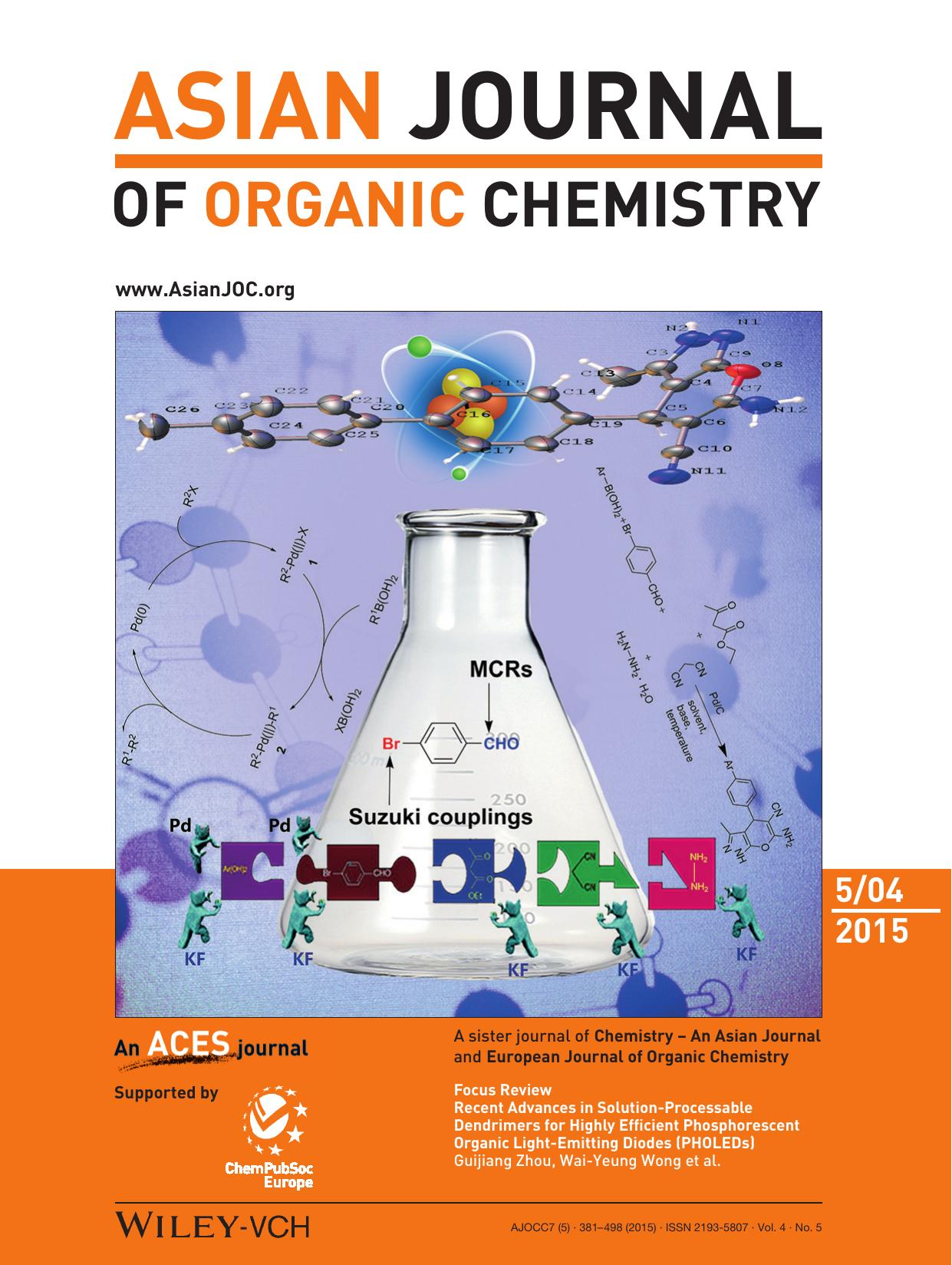 Cover Picture: An Efficient OnePot FiveComponent Tandem Sequential Approach for the Synthesis of Pyranopyrazole Derivatives via Suzuki Coupling and Multicomponent Reaction (Asian J. Org. Chem. 52015) by Unknown