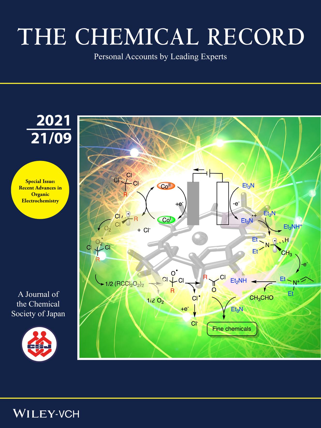 Cover Picture: Bioinspired Electrolysis for Green Molecular Transformations of Organic Halides Catalyzed by B12 Complex (Chem. Rec. 92021) by Unknown