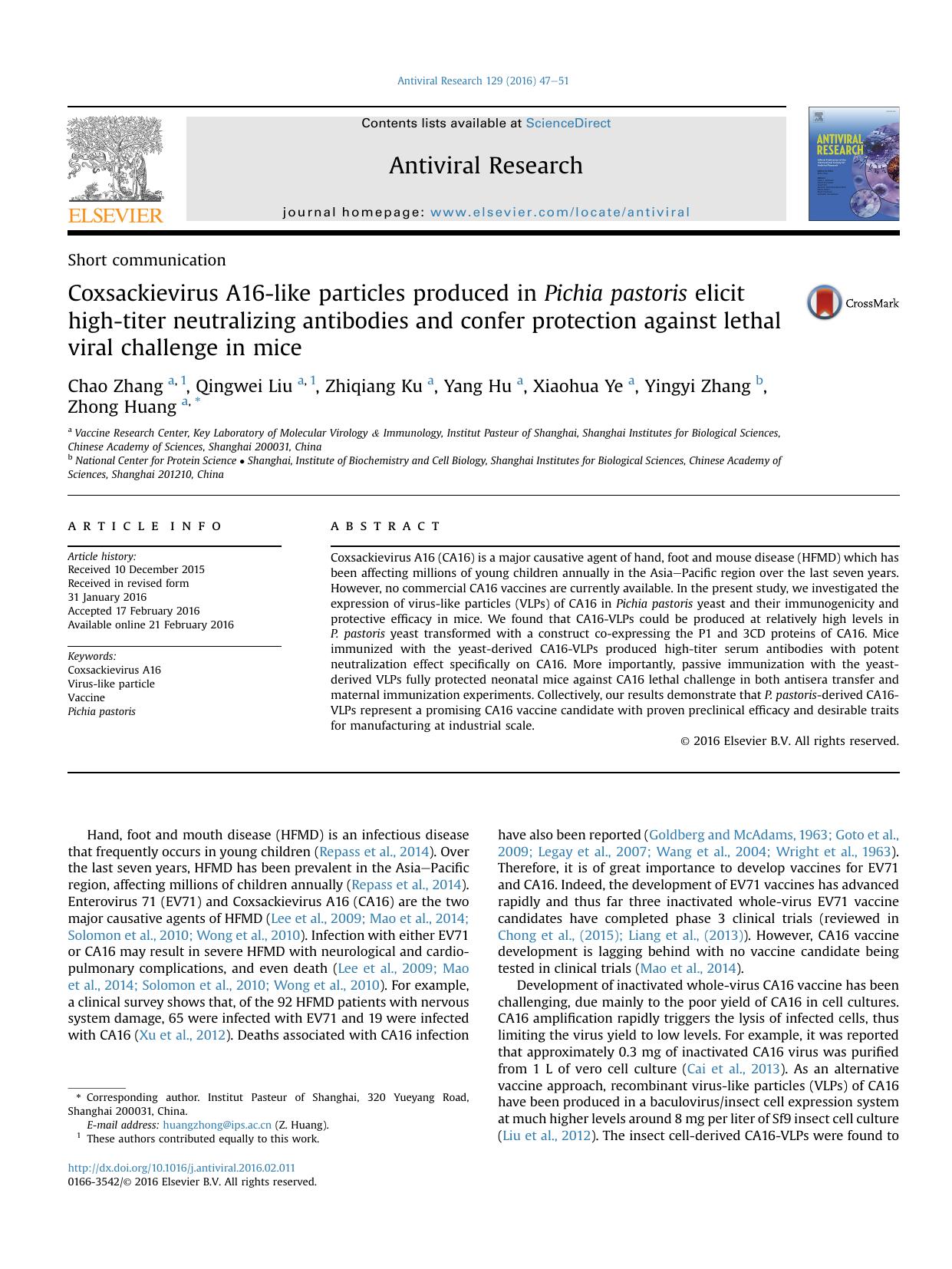Coxsackievirus A16-like particles produced in Pichia pastoris elicit high-titer neutralizing antibodies and confer protection against lethal viral challenge in mice by Chao Zhang & Qingwei Liu & Zhiqiang Ku & Yang Hu & Xiaohua Ye & Yingyi Zhang & Zhong Huang