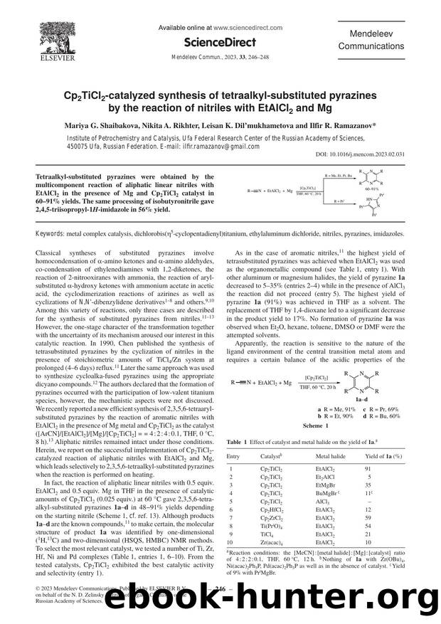 Cp2TiCl2-catalyzed synthesis of tetraalkyl-substituted pyrazines by the reaction of nitriles with EtAlCl2 and Mg by Mariya G. Shaibakova