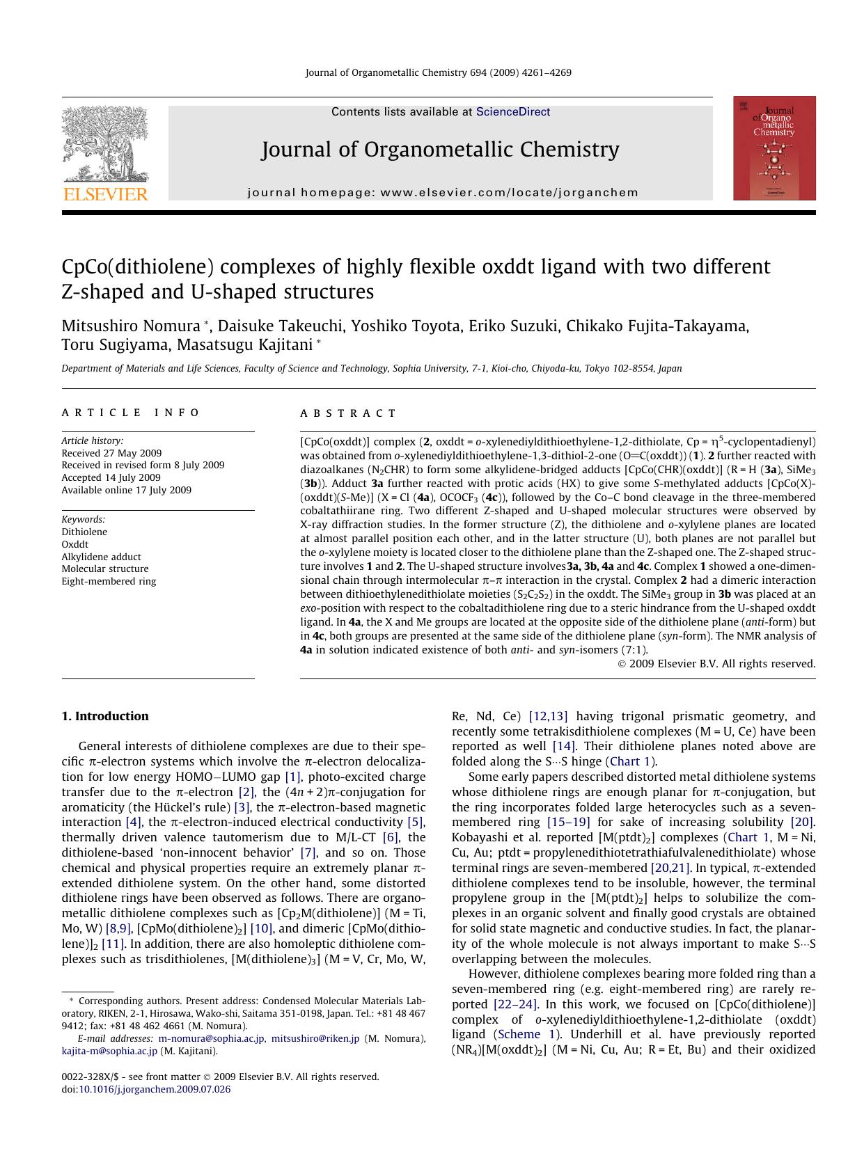 CpCo(dithiolene) complexes of highly flexible oxddt ligand with two different Z-shaped and U-shaped structures by unknow