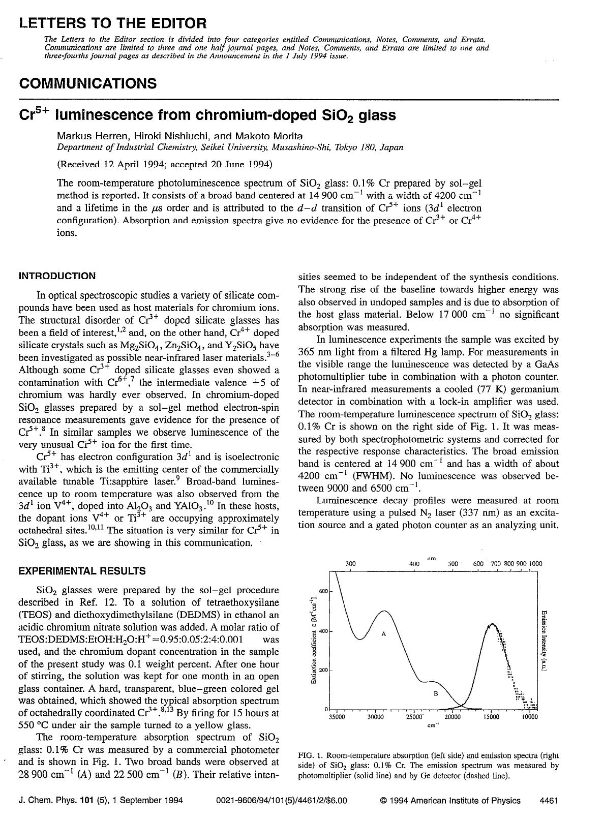 Cr5+ luminescence from chromium-doped SiO2 glass by Markus Herren; Hiroki Nishiuchi; Makoto Morita