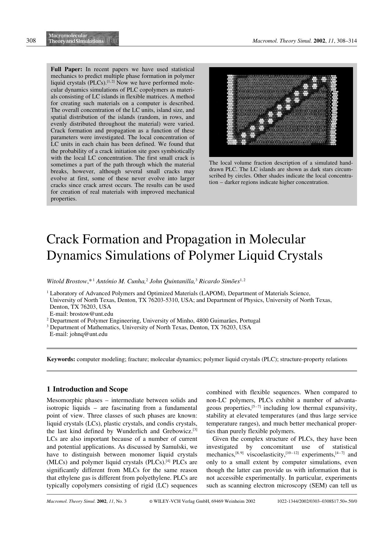 Crack Formation and Propagation in Molecular Dynamics Simulations of Polymer Liquid Crystals by Unknown