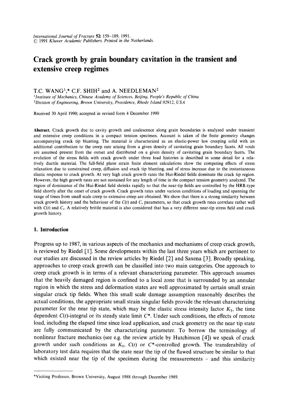 Crack growth by grain boundary cavitation in the transient and extensive creep regimes by Unknown