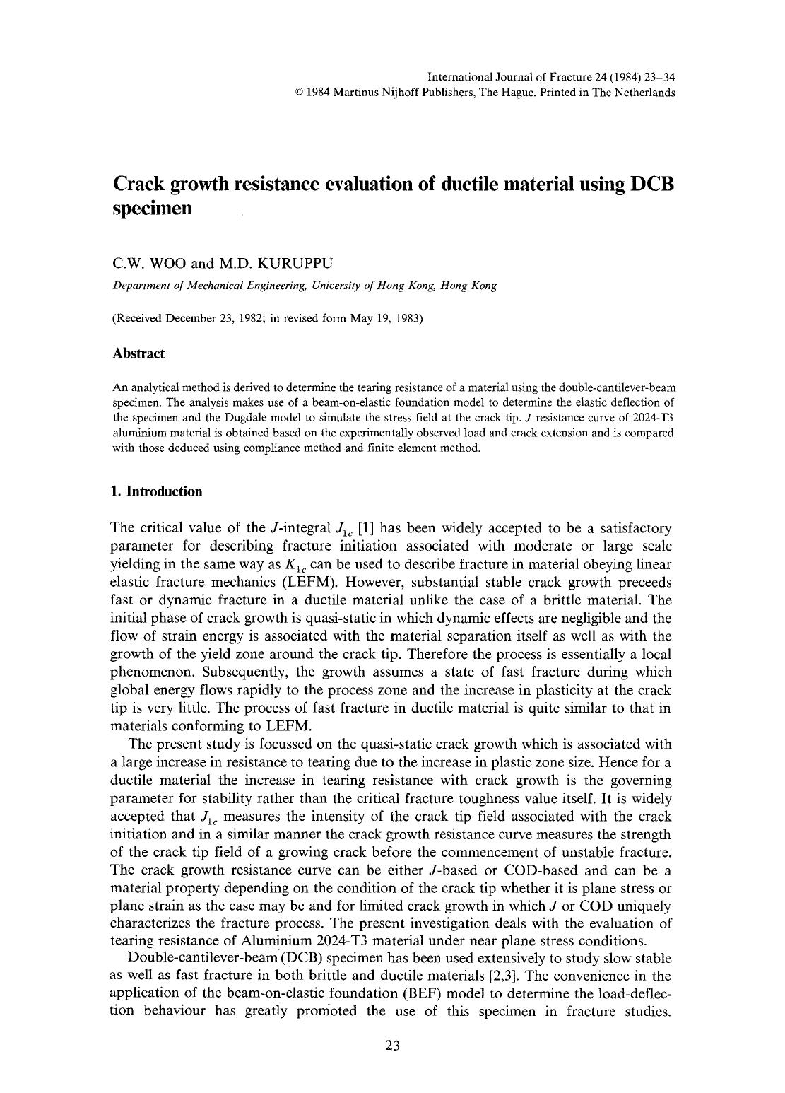Crack growth resistance evaluation of ductile material using DCB specimen by Unknown