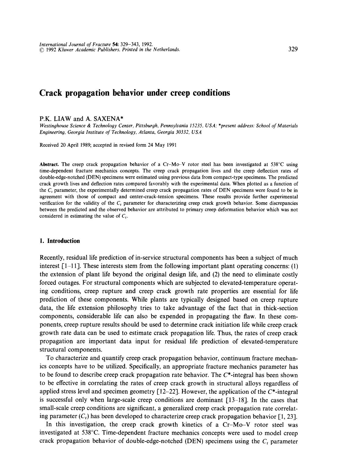 Crack propagation behavior under creep conditions by Unknown