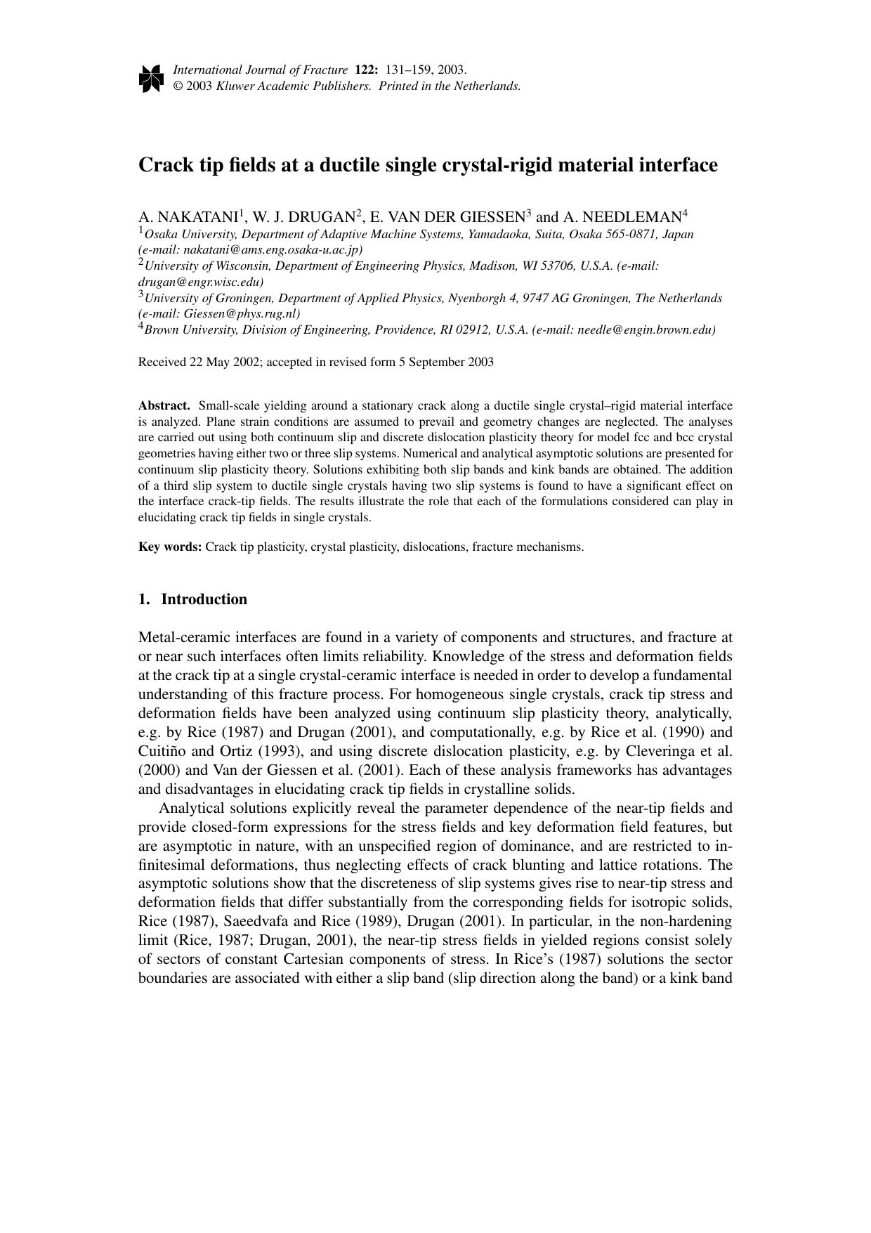 Crack tip fields at a ductile single crystal-rigid material interface by Unknown