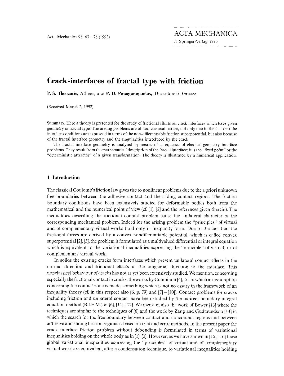 Crack-interfaces of fractal type with friction by Unknown
