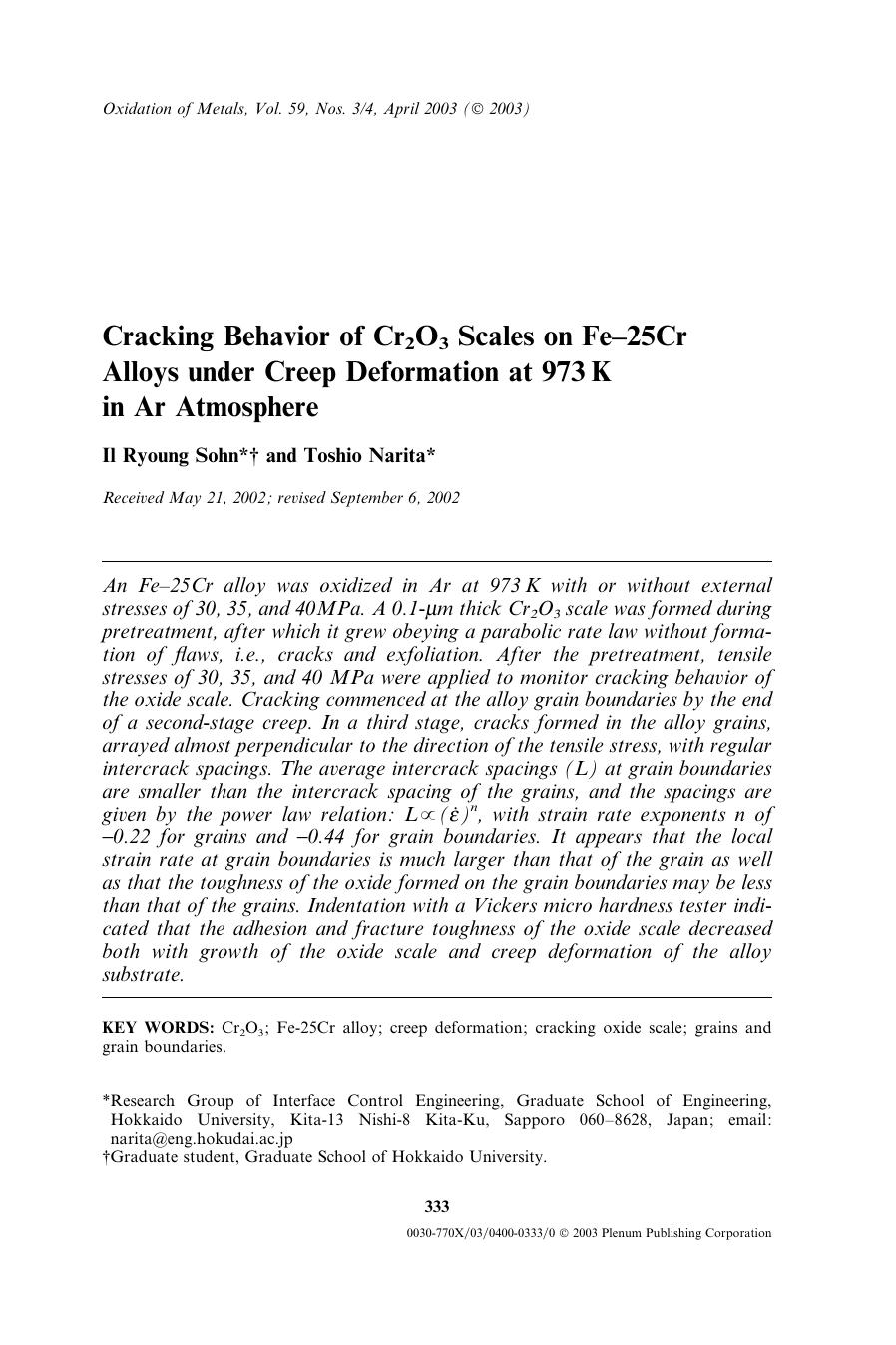 Cracking Behavior of Cr<Subscript>2<Subscript>O<Subscript>3<Subscript> Scales on Fe&#x2013;25Cr Alloys Under Creep Deformation at 973 K in Ar Atmosphere by Unknown