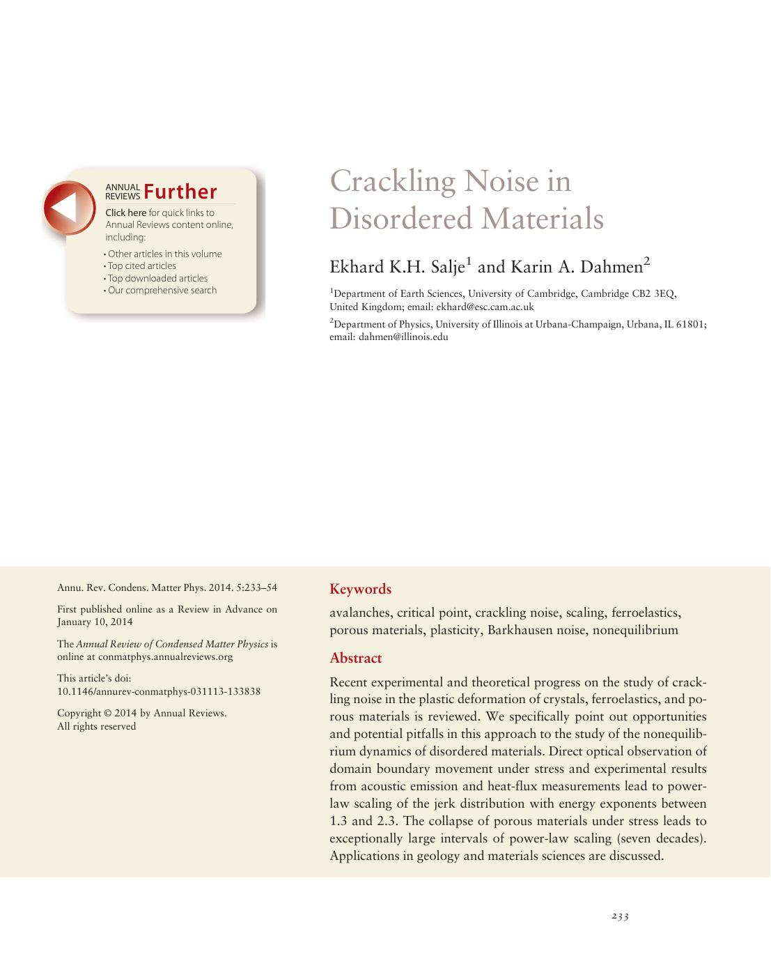 Crackling Noise in Disordered Materials by Ekhard K.H. Salje and Karin A. Dahmen