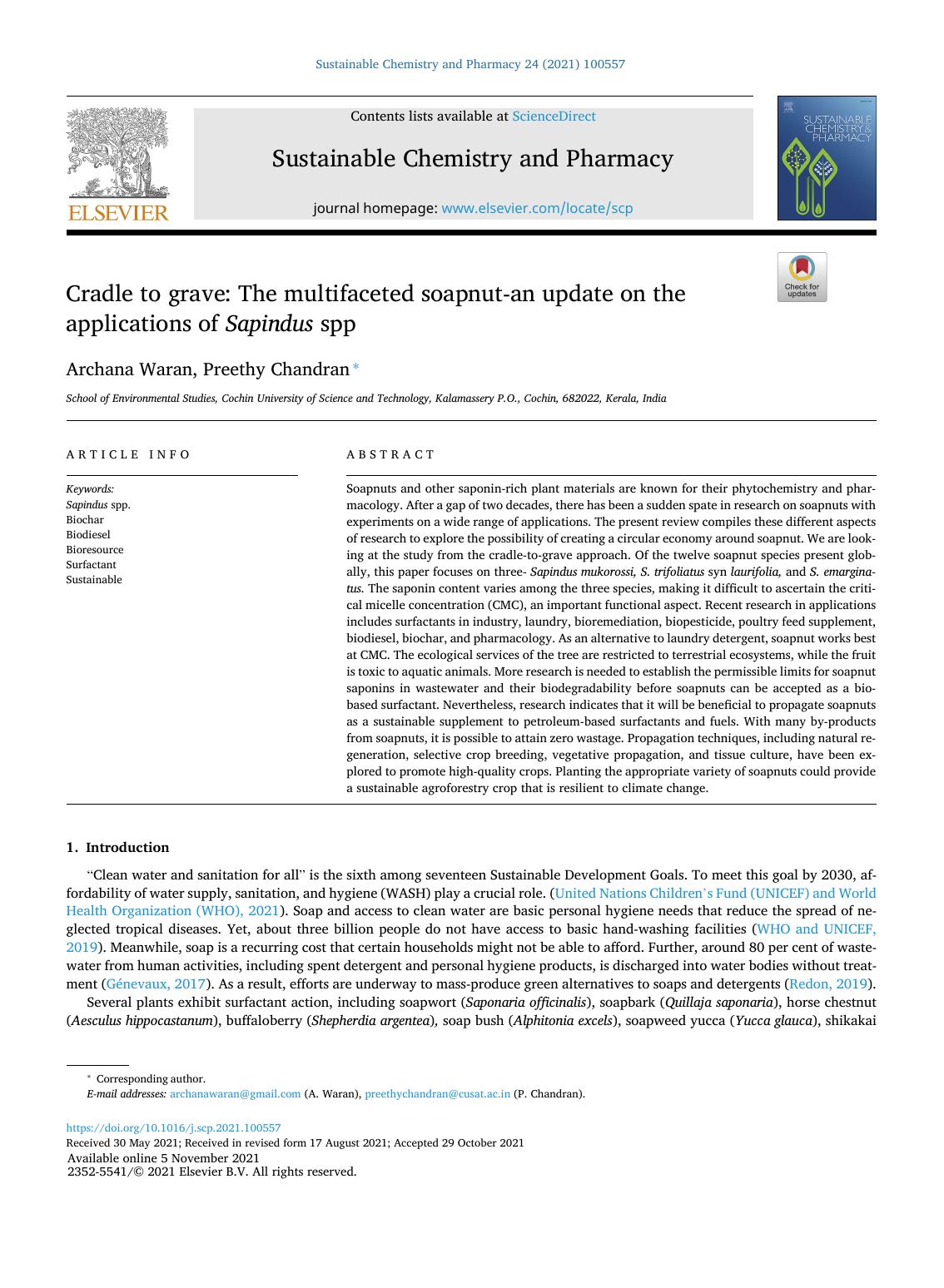 Cradle to grave: The multifaceted soapnut-an update on the applications of Sapindus spp by Archana Waran & Preethy Chandran
