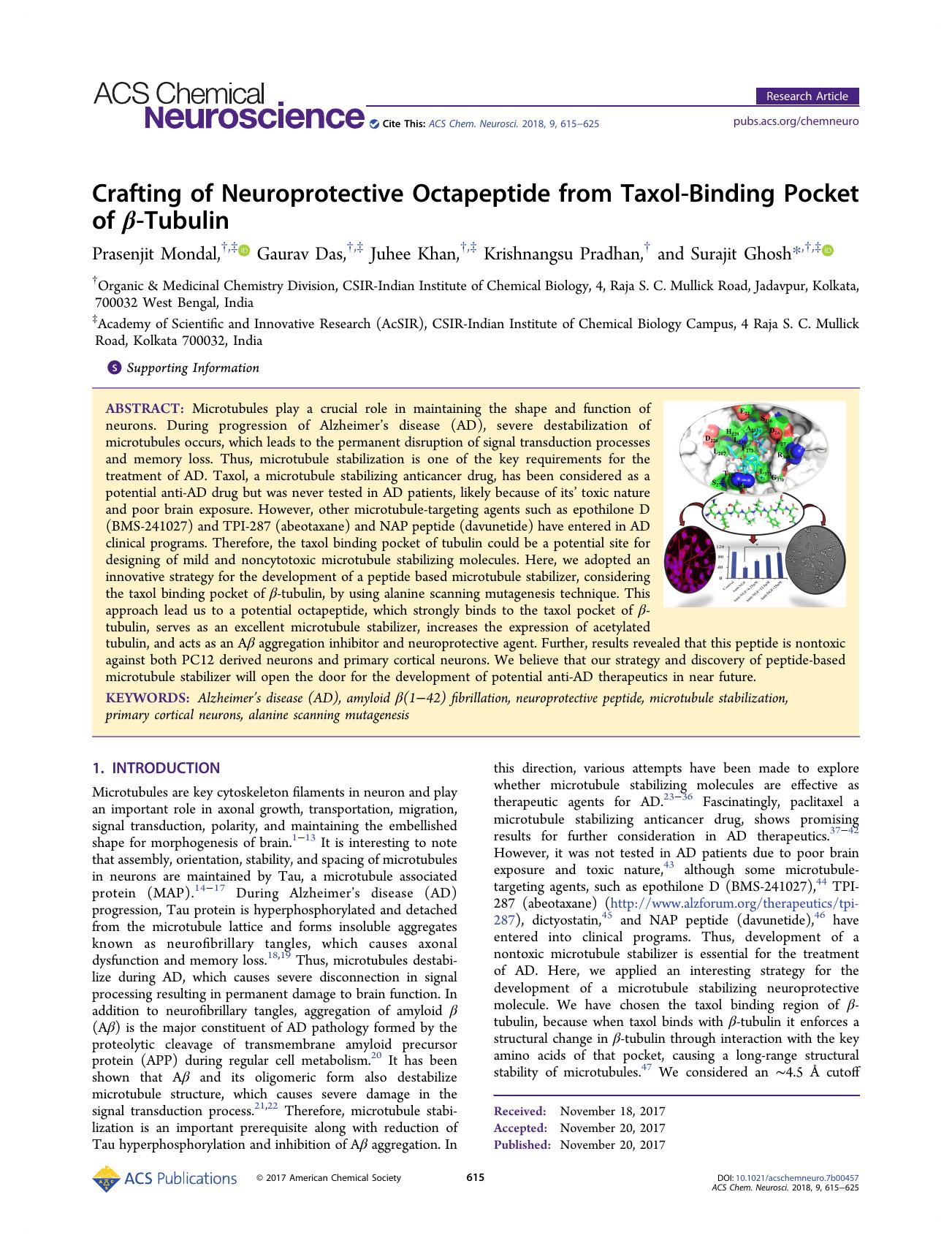 Crafting of Neuroprotective Octapeptide from Taxol-Binding Pocket of Î²-Tubulin by Prasenjit Mondal Gaurav Das Juhee Khan Krishnangsu Pradhan and Surajit Ghosh
