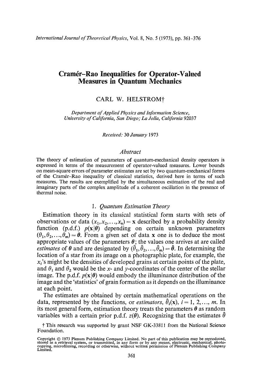 Cram&#x00E9;r-Rao inequalities for operator-valued measures in quantum mechanics by Unknown