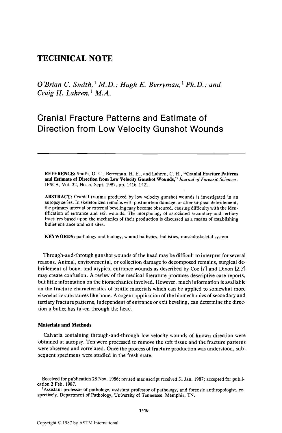 Cranial Fracture Patterns and Estimate of Direction from Low Velocity Gunshot Wounds by Smith OC Berryman HE Lahren CH