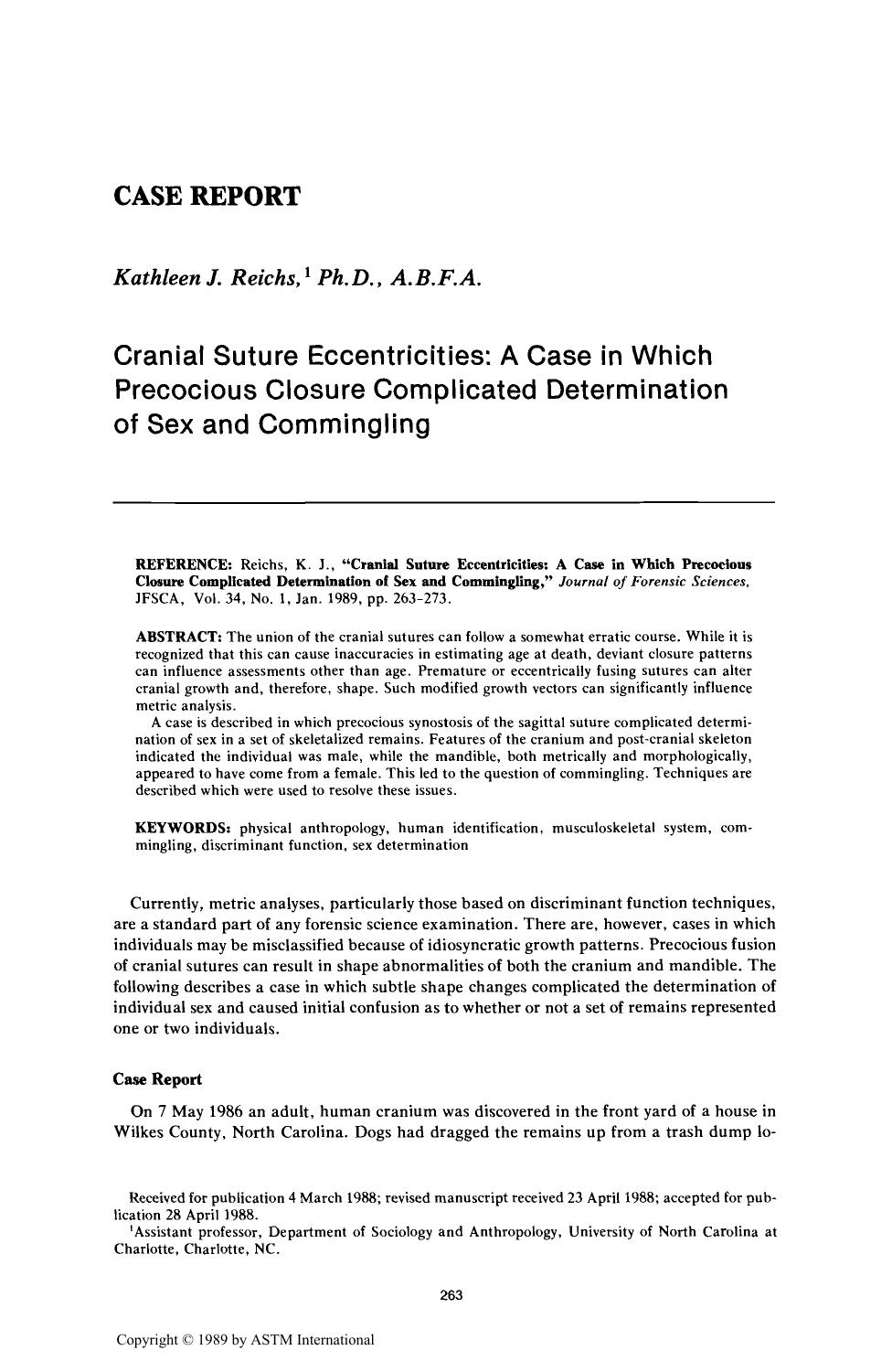 Cranial Suture Eccentricities: A Case in Which Precocious Closure Complicated Determination of Sex and Commingling by Reichs KJ