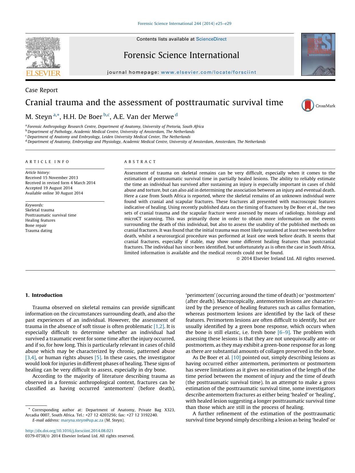 Cranial trauma and the assessment of posttraumatic survival time by M. Steyn & H.H. De Boer & A.E. Van der Merwe