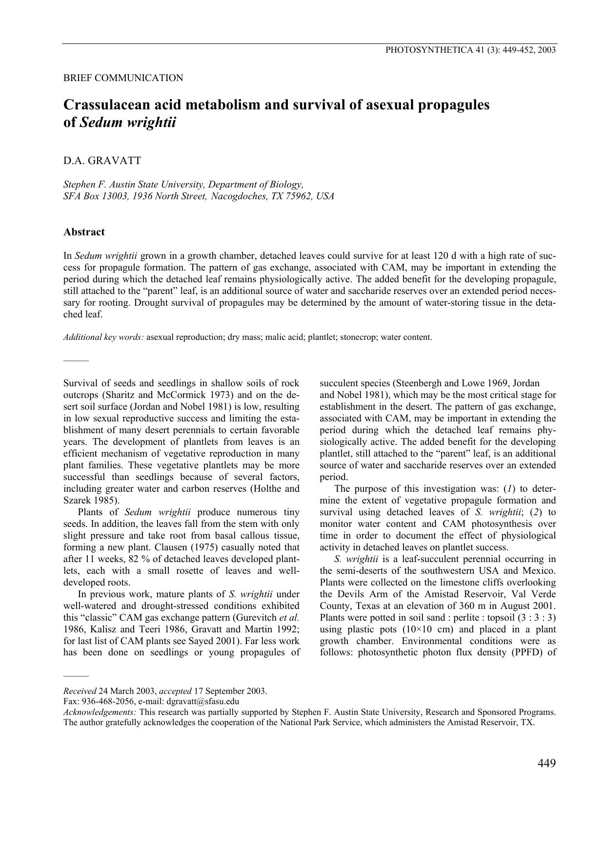 Crassulacean Acid Metabolism and Survival of Asexual Propagules of <Emphasis Type="Italic">Sedum wrightii<Emphasis> by Unknown