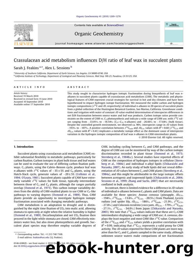 Crassulacean acid metabolism influences DH ratio of leaf wax in succulent plants by Sarah J. Feakins & Alex L. Sessions