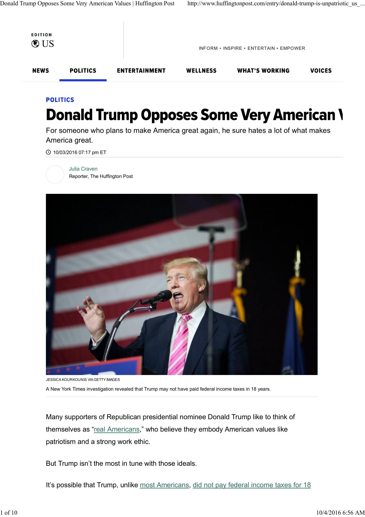 Craven by Donald Trump Opposes Some Very American Values Huffington Post (Oct 3 2016)