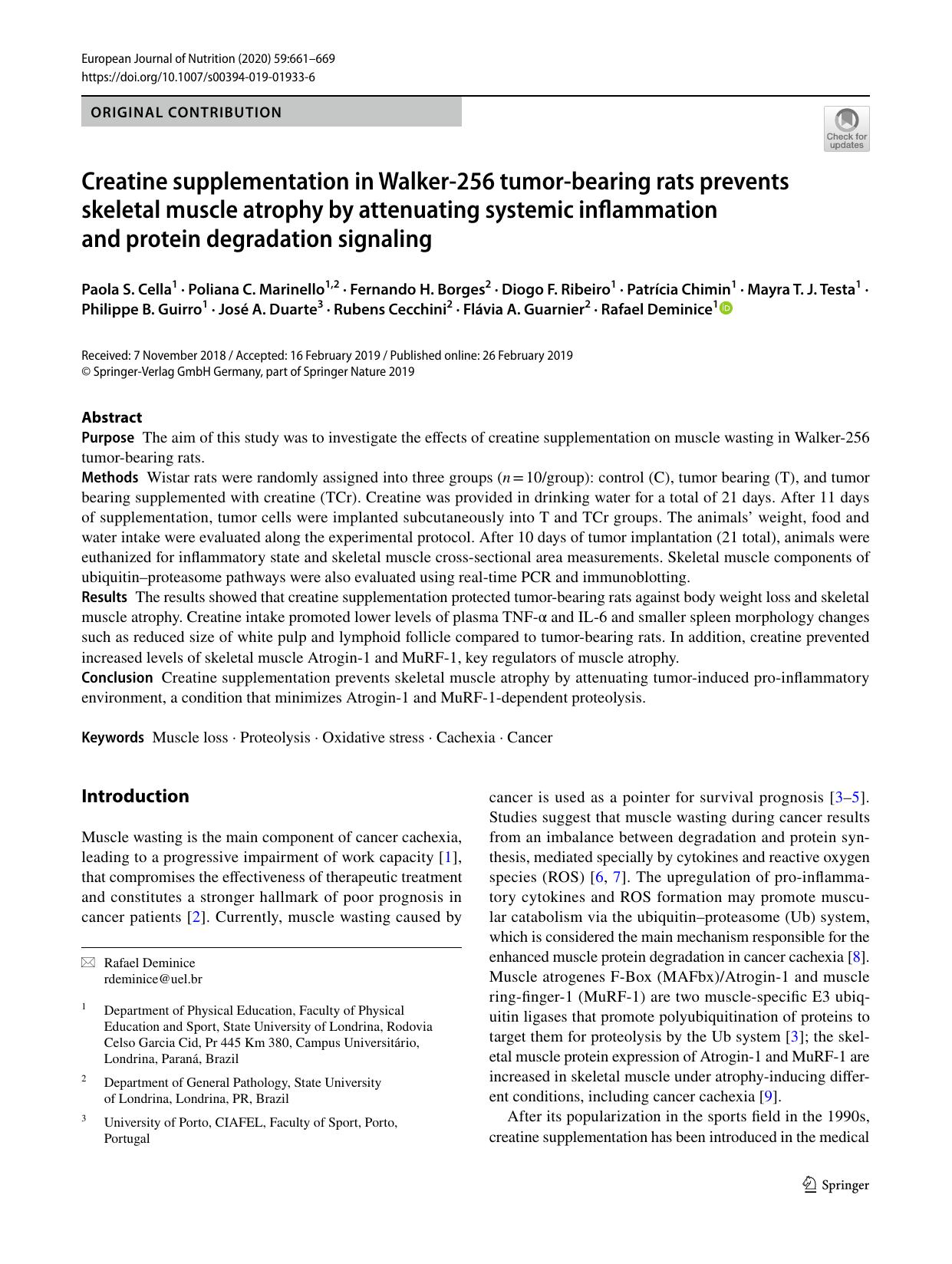 Creatine supplementation in Walker-256 tumor-bearing rats prevents skeletal muscle atrophy by attenuating systemic inflammation and protein degradation signaling by unknow