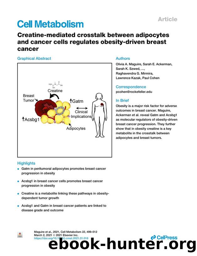 Creatine-mediated crosstalk between adipocytes and cancer cells regulates obesity-driven breast cancer by unknow