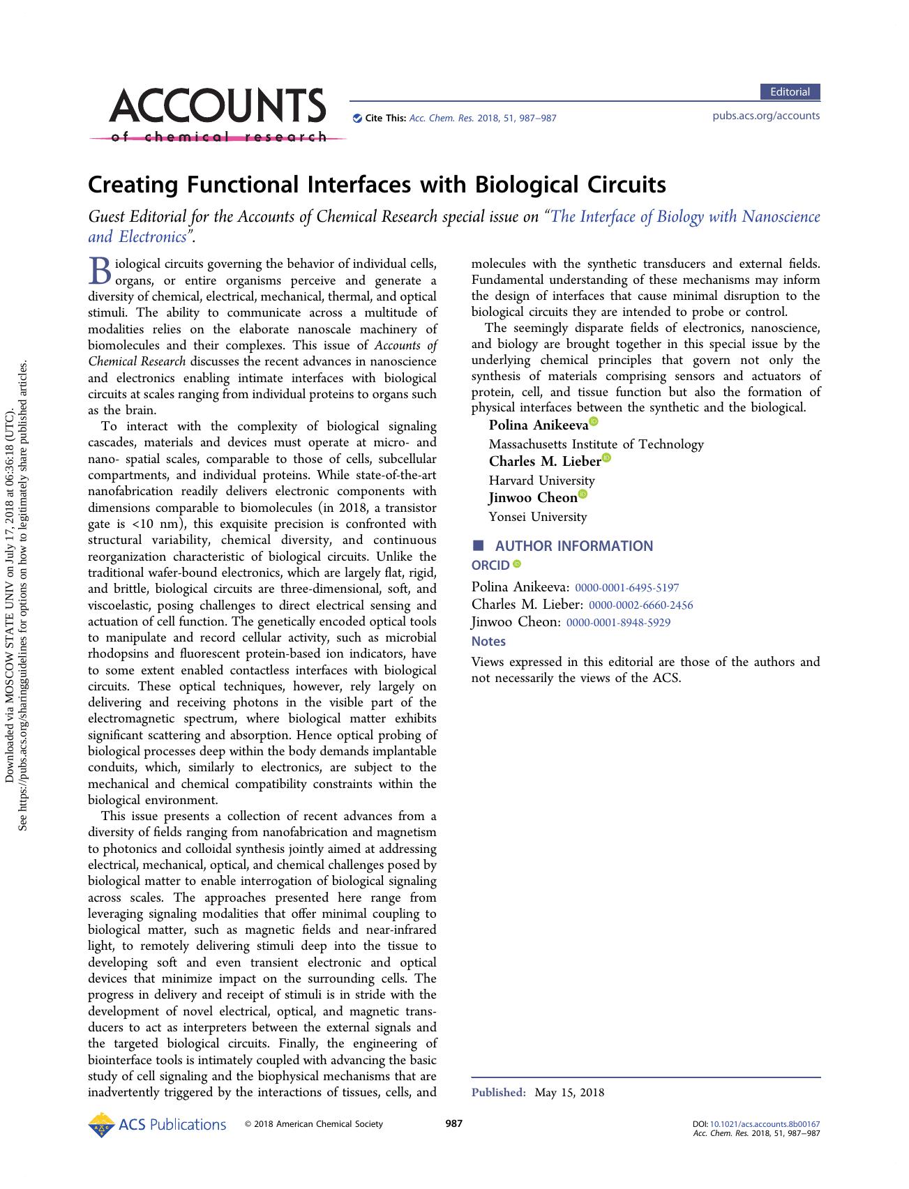 Creating Functional Interfaces with Biological Circuits by Polina Anikeeva & Charles M. Lieber & Jinwoo Cheon
