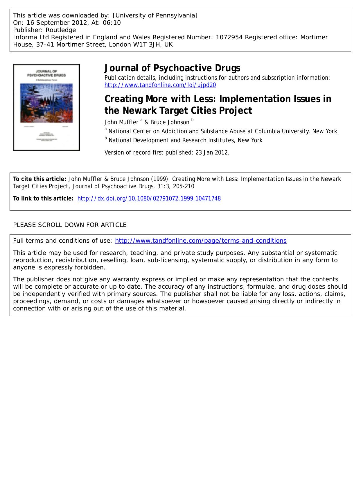 Creating More with Less: Implementation Issues in the Newark Target Cities Project by John Muffler a & Bruce Johnson b