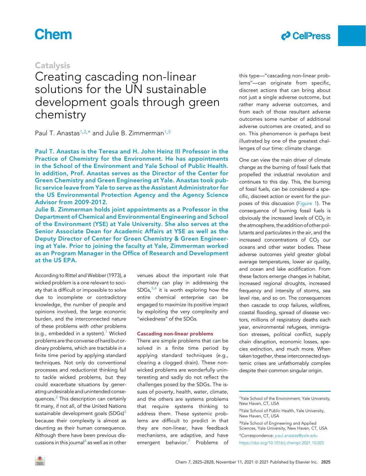 Creating cascading non-linear solutions for the UN sustainable development goals through green chemistry by Paul T. Anastas & Julie B. Zimmerman