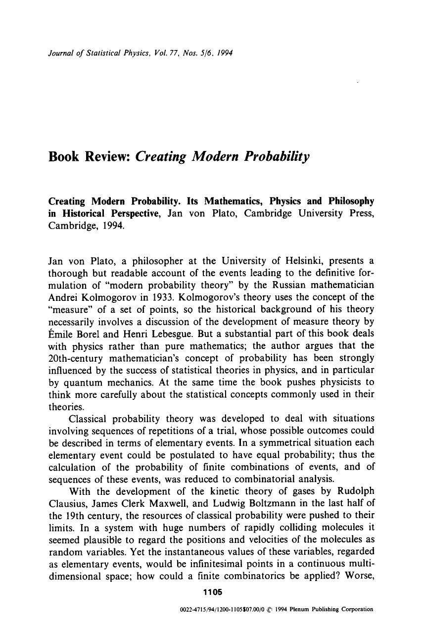 Creating modern probability. Its mathematics, physics and philosophy in historical perspective by Unknown