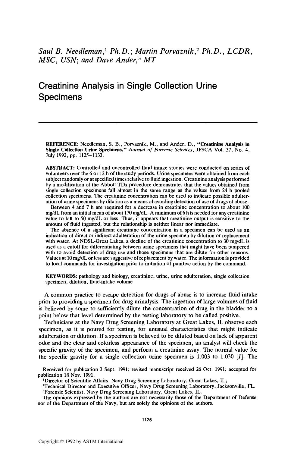 Creatinine Analysis in Single Collection Urine Specimens by Needleman SB Porvaznik M Ander D
