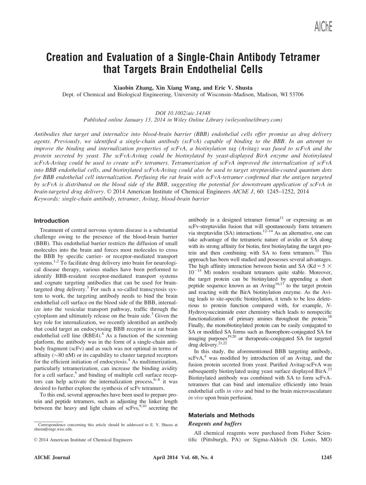 Creation and evaluation of a singlechain antibody tetramer that targets brain endothelial cells by Unknown