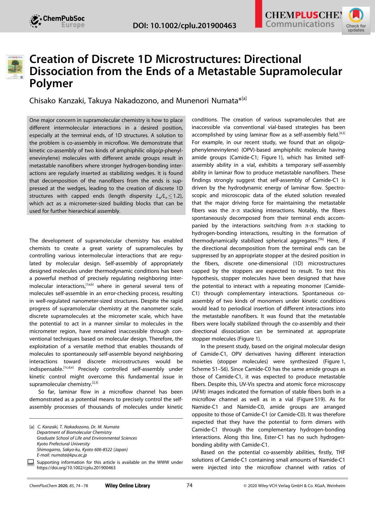 Creation of Discrete 1D Microstructures: Directional Dissociation from the Ends of a Metastable Supramolecular Polymer by Unknown