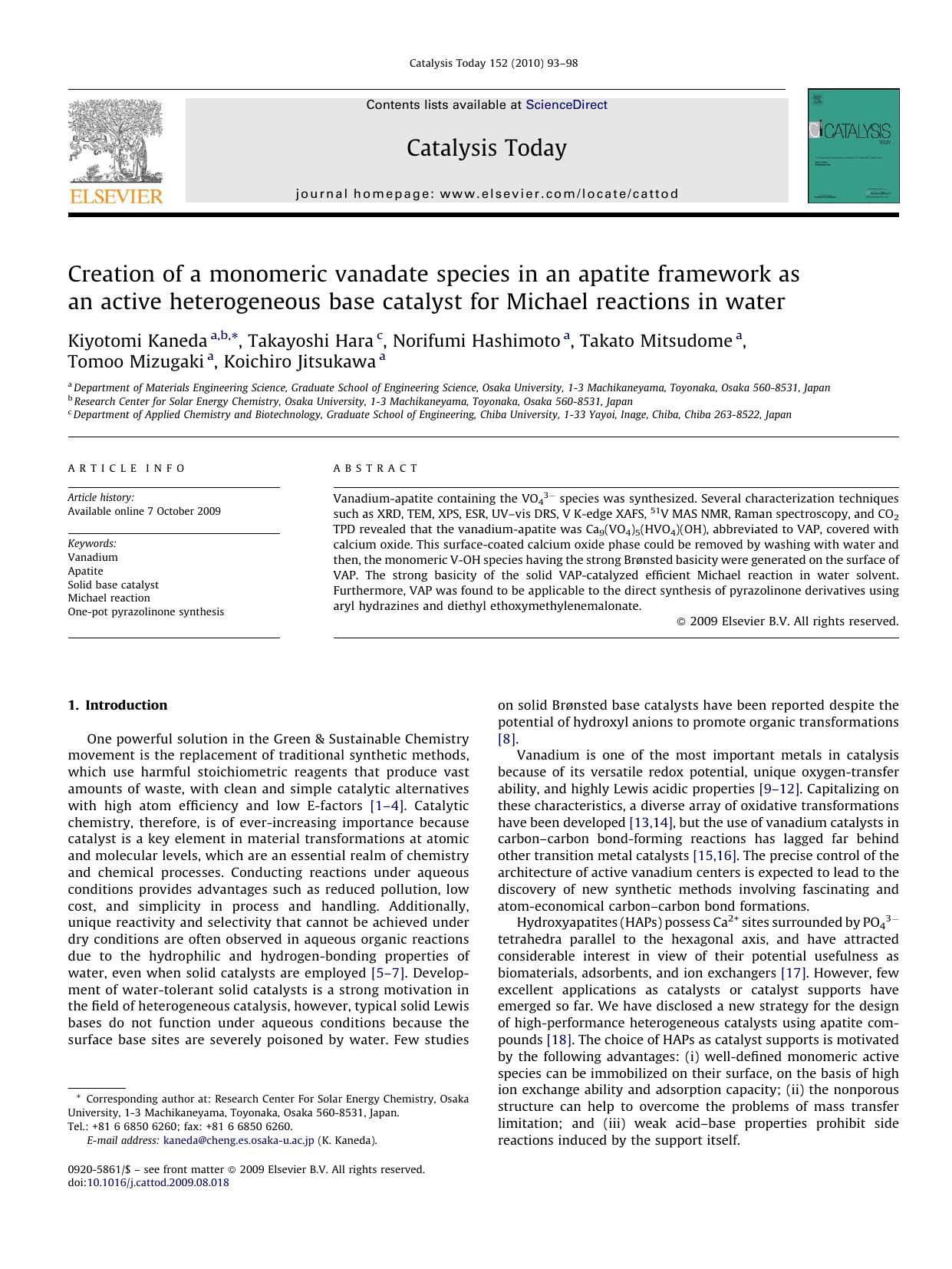 Creation of a monomeric vanadate species in an apatite framework as an active heterogeneous base catalyst for Michael reactions in water by unknow
