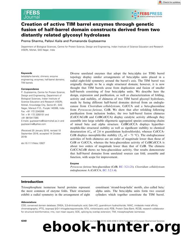 Creation of active TIM barrel enzymes through genetic fusion of halfâbarrel domain constructs derived from two distantly related glycosyl hydrolases by Unknown