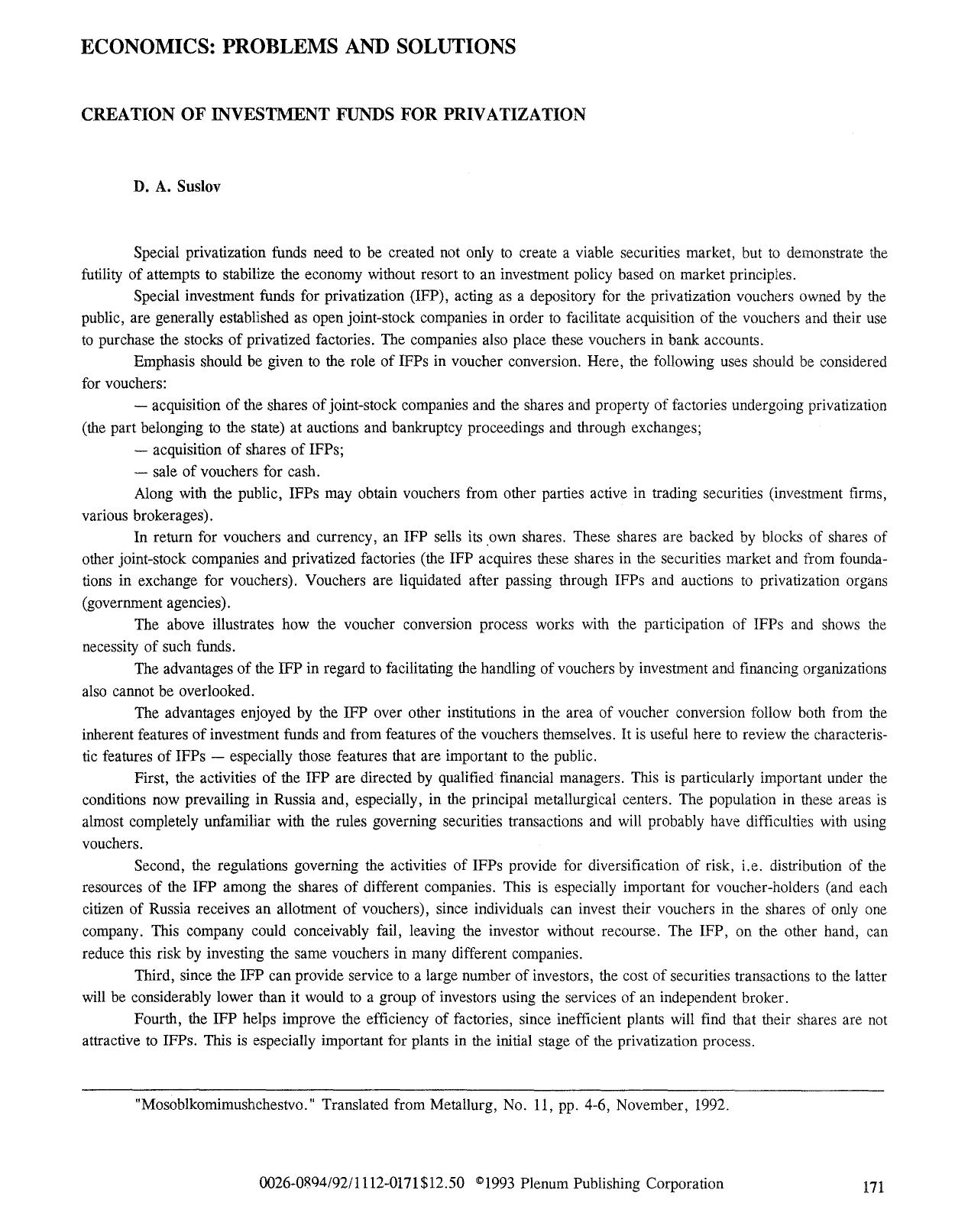 Creation of investment funds for privatization by Unknown