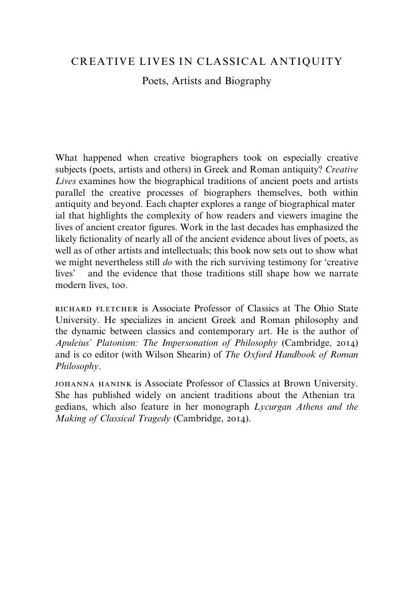 Creative Lives in Classical Antiquity: Poets, Artists and Biography by Hanink Johanna