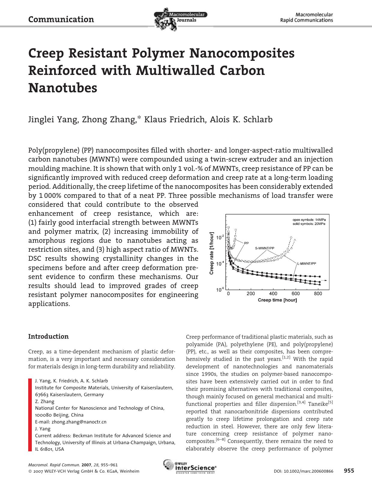 Creep Resistant Polymer Nanocomposites Reinforced with Multiwalled Carbon Nanotubes by Unknown