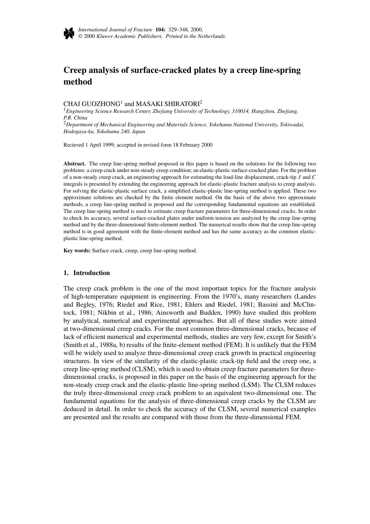 Creep analysis of surface-cracked plates by a creep line-spring method by Unknown