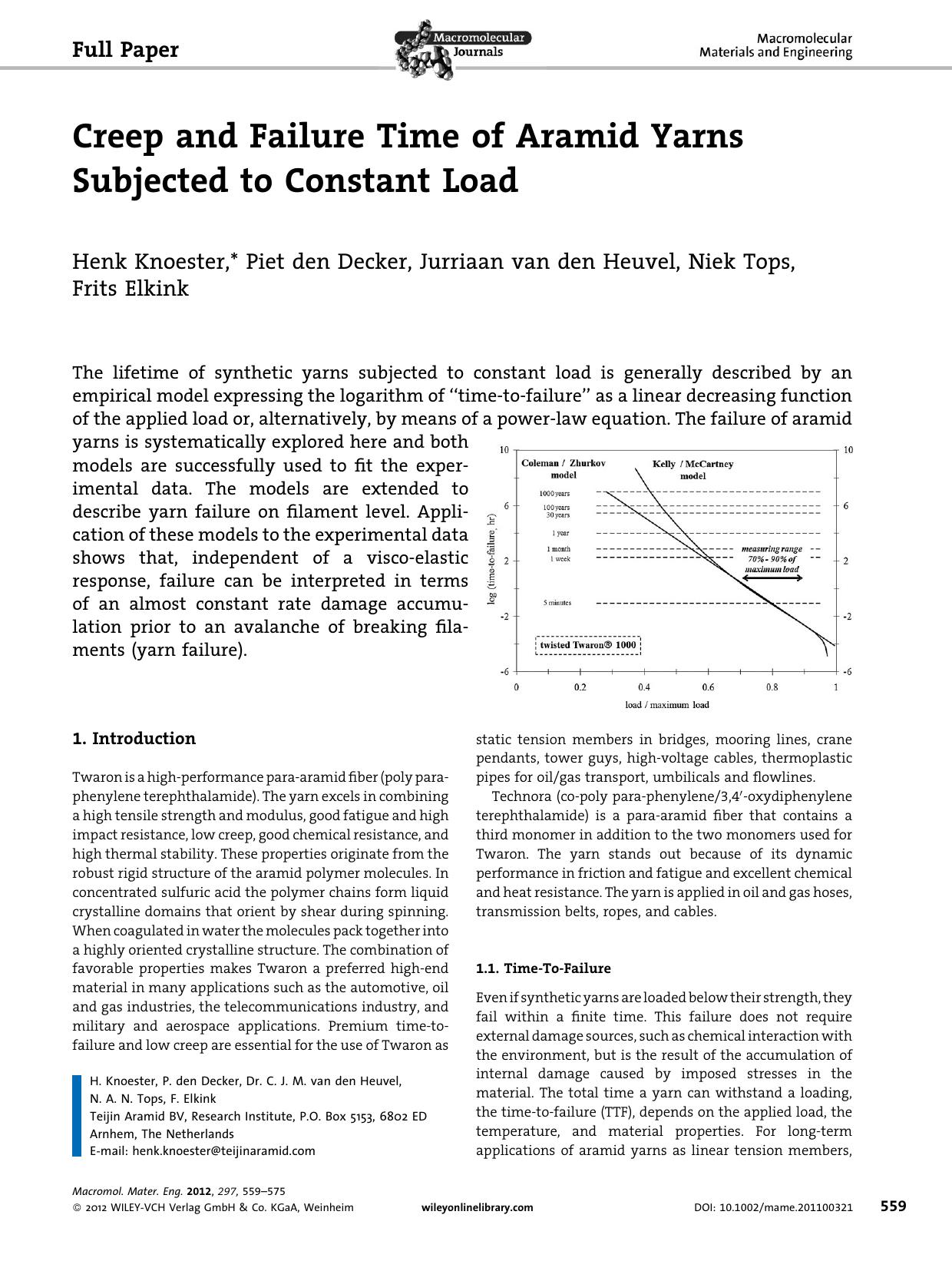 Creep and Failure Time of Aramid Yarns Subjected to Constant Load by Unknown